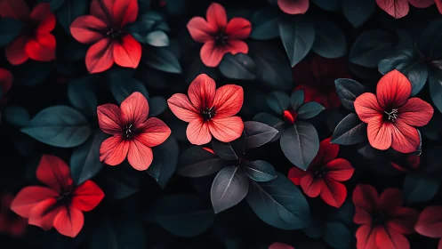 Coral flowers with dark green foliage in natural lighting composition