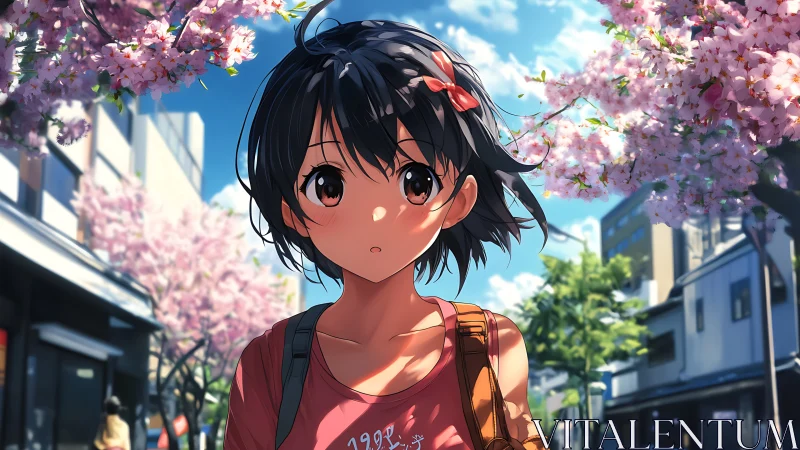 Spring stroll beneath cherry blossoms with a curious gaze.