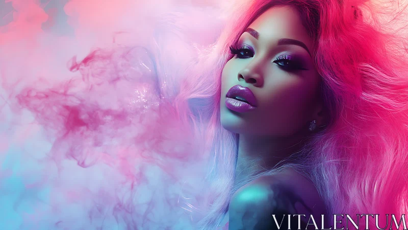 Neon-lit portrait merges vivid smoke with glossy beauty gaze