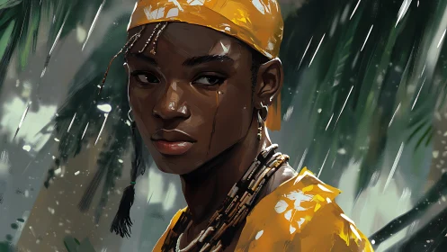 Portrait of youth in rain with yellow headscarf and beads.