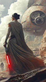 Cloaked figure with red energy blade in rocky outpost scene.