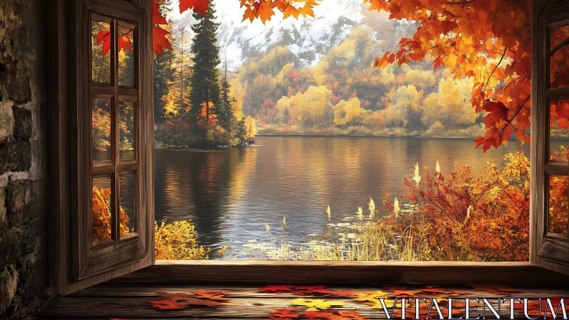 Open window view of calm autumn lake and forest landscape.