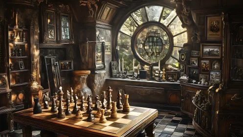 Vintage chess study with circular window and artifacts.