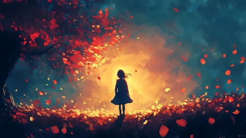 Child in glowing autumn light beneath swirling leaves.