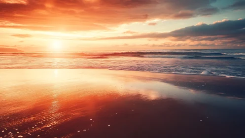 Sunset tide painting the shore in molten ember light.