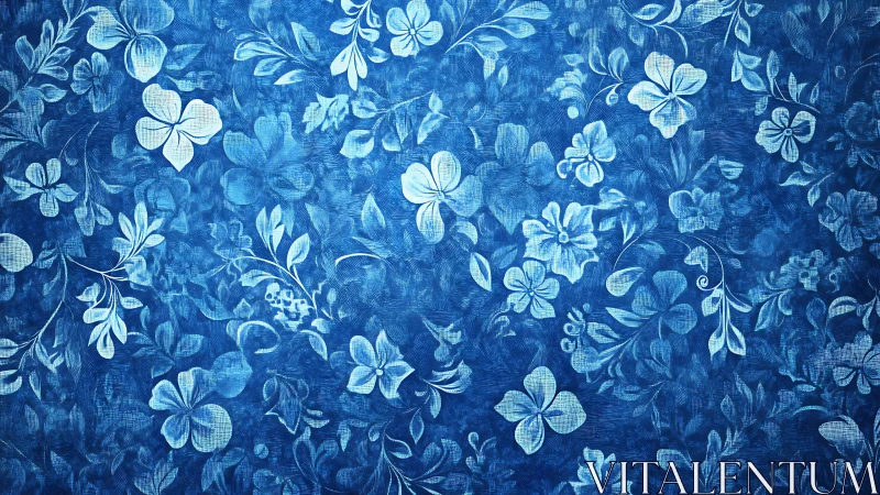 Blue Floral Damask Pattern with Textured Layered Botanical Elements