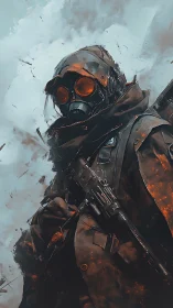 Post apocalyptic soldier in gas mask holding rifle.