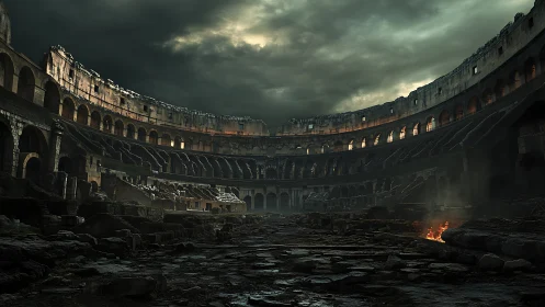 Desolate Roman colosseum interior under storm-laden skies