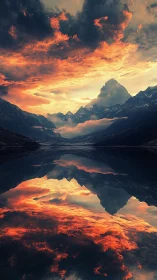 Mountain lake at sunset with strong cloud reflection.