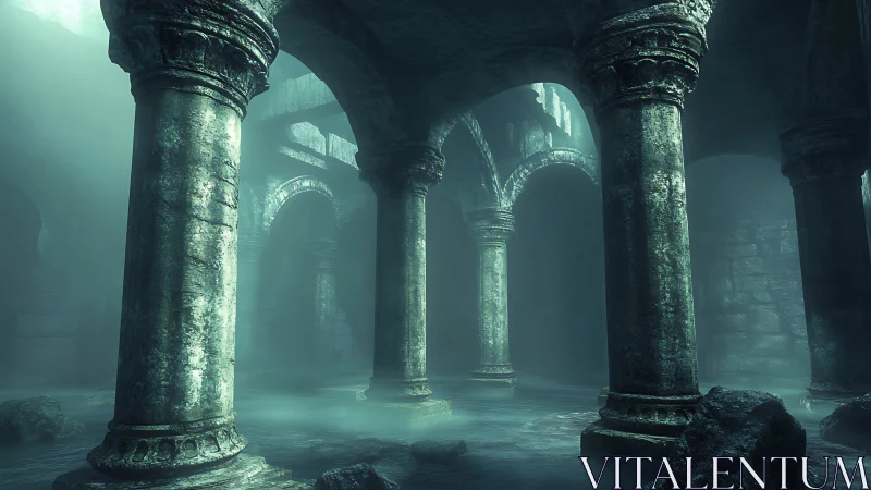 Submerged stone arches and pillars stand in misty ruins