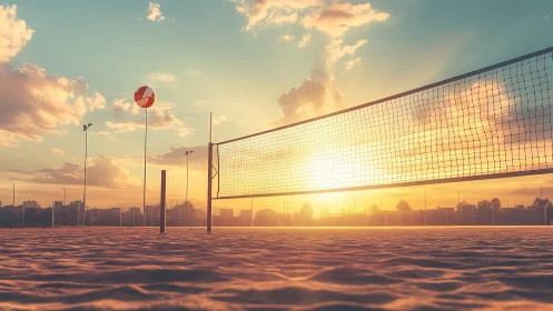 Golden hour beach volleyball court glows in warm sunset light