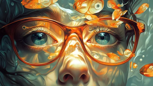 Hyperdetailed portrait merges eyeglasses, koi fish and fluid caustic light fields