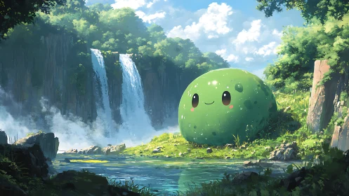 Mossy river sprite smiles quietly beside roaring waterfalls