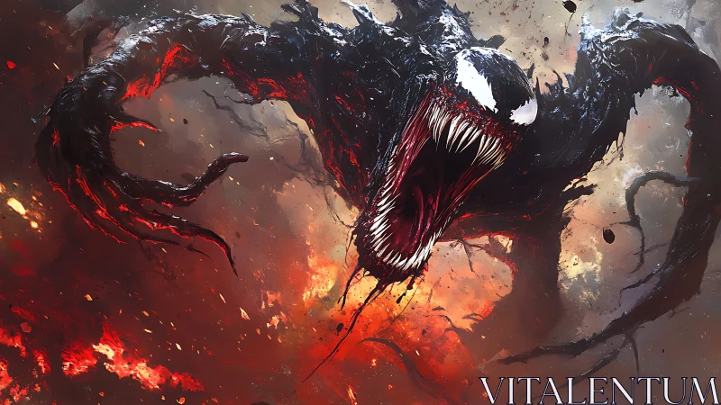 Monstrous black creature roars above molten inferno sky.