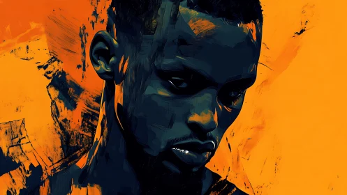 Moody digital portrait in deep blues on vivid orange field.