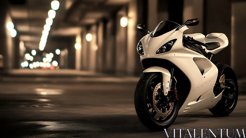 Sleek white superbike stands poised in moody city tunnel.