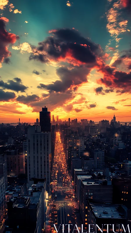 Sunset city avenue with glowing traffic corridor skyline.