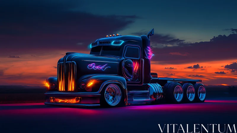 Neon highway titan blazes across a cyber-tinted sunset road.