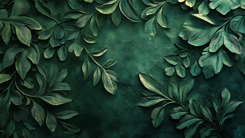 Textured emerald foliage pattern with sculpted botanical leaves.