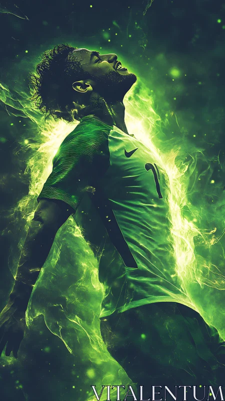 Soccer player screams upward within vivid green energy aura