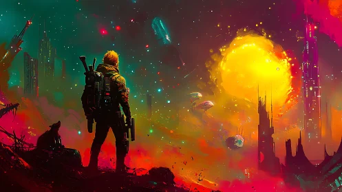 Lone space explorer surveys neon-lit alien megastructures at dusk