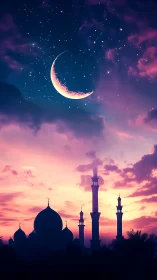 Crescent moon over domed mosque in atmospheric digital twilight.
