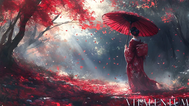 Scarlet forest path welcomes a quiet walk under red petals