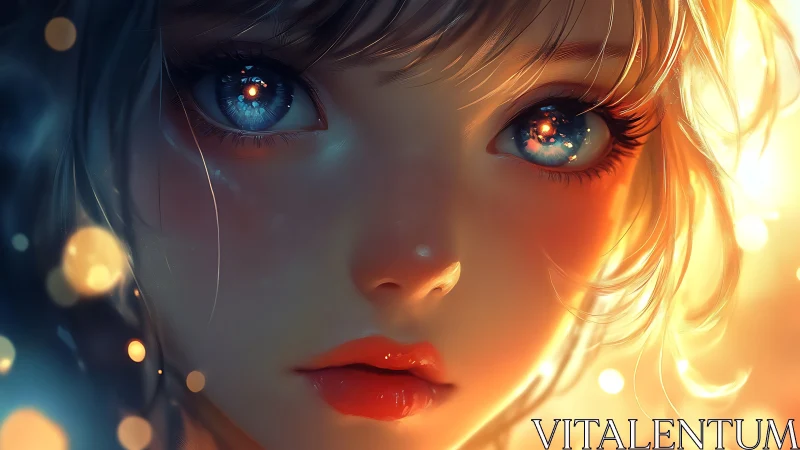 Close-up portrait shows stylized girl with luminous eyes