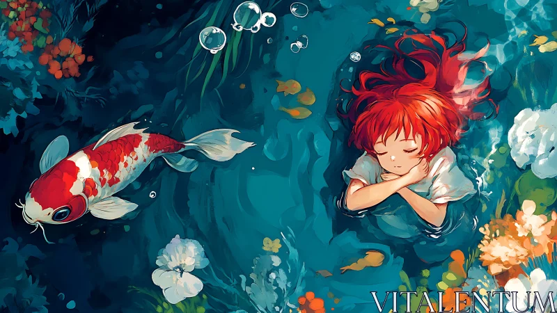 Red haired child and koi fish rendered in stylized water