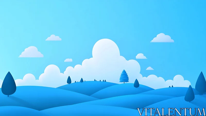 Minimal blue hills landscape with stylized clouds and trees.