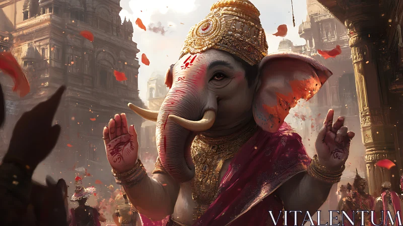Divine elephant deity advances through ornate temple procession