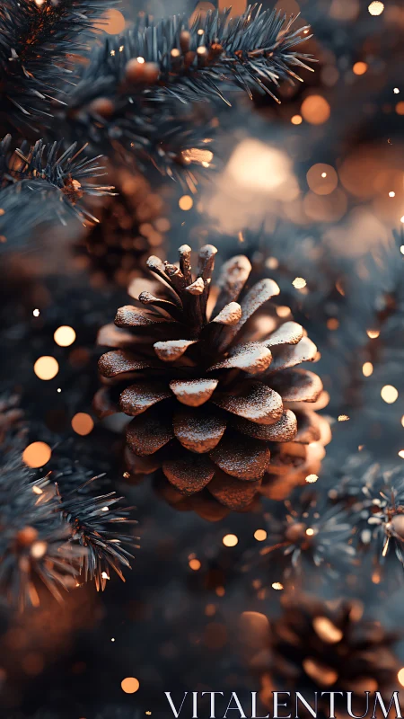 Frost-kissed pinecones glowing in ember-bright winter bokeh.