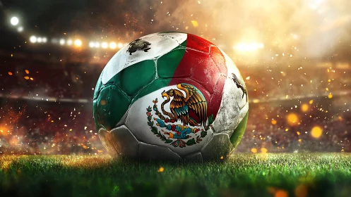 Mexico flag soccer ball on stadium grass under bright lights.