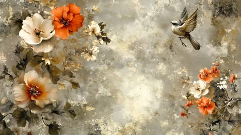 Songbird in flight amid sepia florals on textured pastel ground