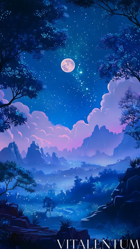 Moonlit valley landscape under starry sky framed by trees