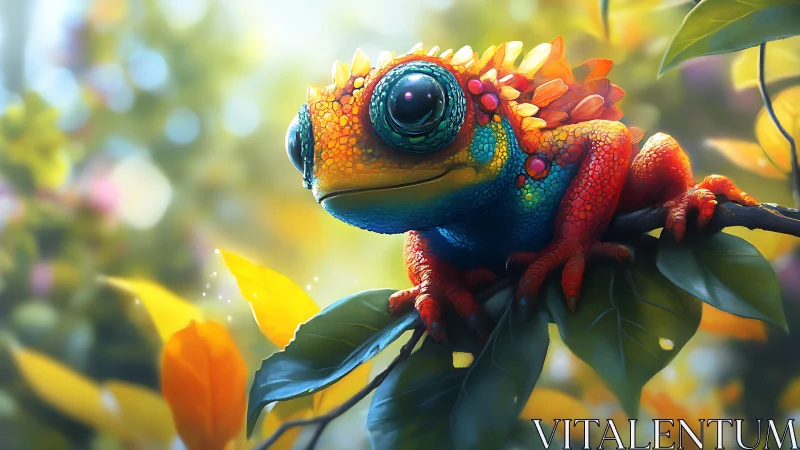 Radiant rainbow gecko rests on sunlit forest branch.