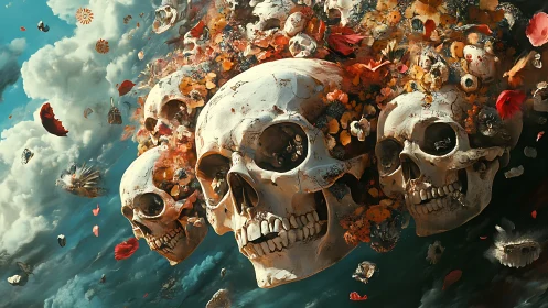 Skulls and blossoms drifting through a stormy dreamscape.