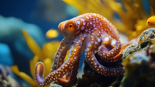Spotted orange octopus explores vivid coral reef scene.