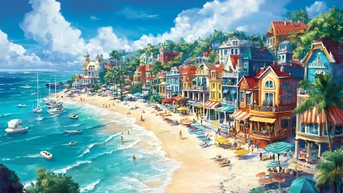 Colorful seaside village basks in bright sun and gentle surf