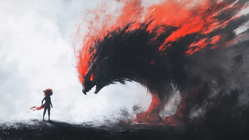 Fiery young hero calmly faces a towering shadow beast