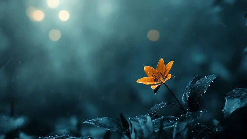 Golden Flower Blooming Through Rain in Twilight