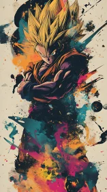 Supercharged warrior bursting from cosmic paint storm.