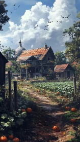 Autumn farmhouse path under towering cumulus clouds at dusk