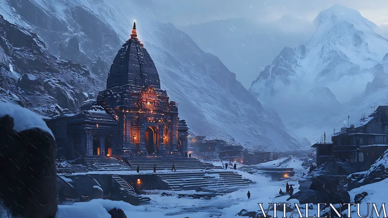 Snow covered mountain temple complex emits structured warm light