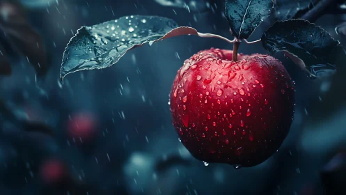 Glistening red apple hangs softly in a quiet evening rain