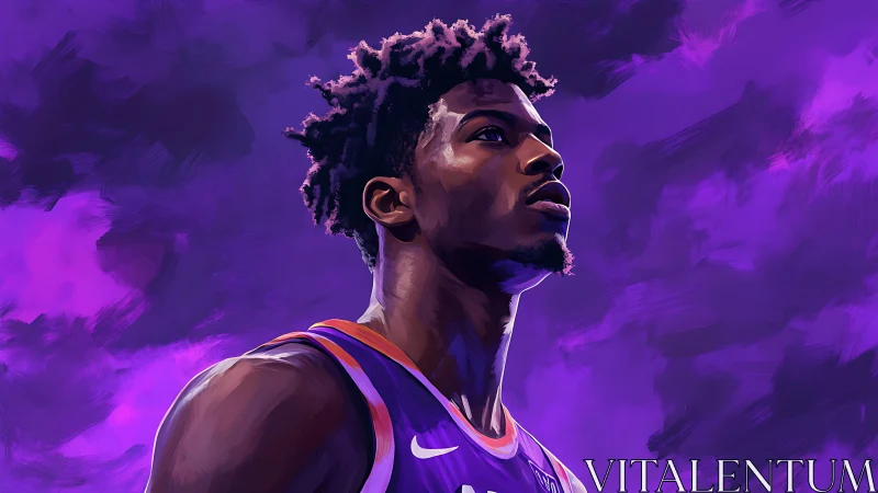 Digital portrait basketball player under vivid purple sky.