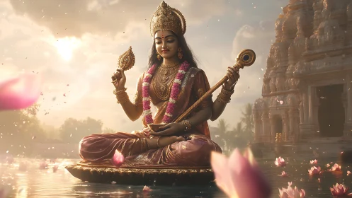 Divine goddess statue meditates on lotus over temple lake