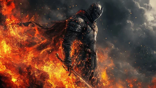 Armored knight strides through roaring inferno with resolve.