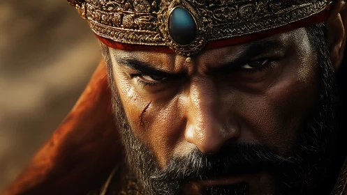 Regal warrior king close up with jeweled crown and scarred face