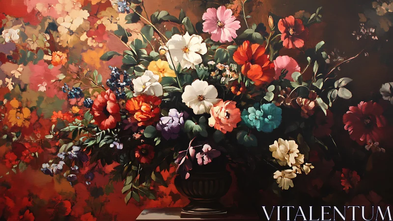 Large-scale oil painting of abundant flowers in dark vase composition